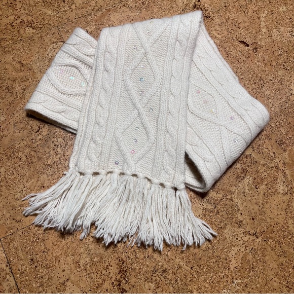 Wool & Angora Blend Cable Knit Fringed Scarf In Cream With Sequins Accents - Picture 3 of 14